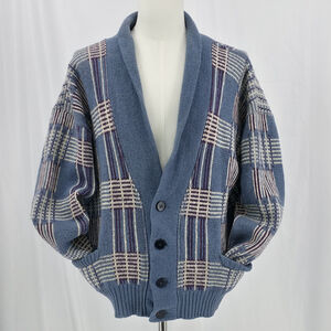 Vintage Alafoss Iceland Wool Cardigan Men’s M Blue Plaid Shawl Collar Chunky...